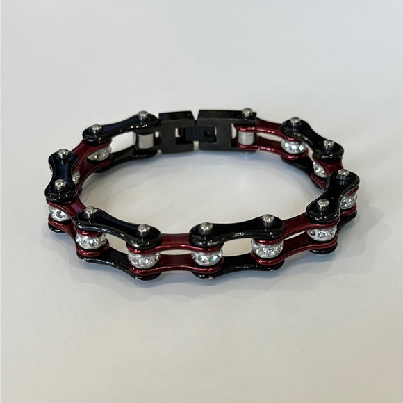 Jewelry - Black & Maroon Bike Chain Bracelet with Clear Stones